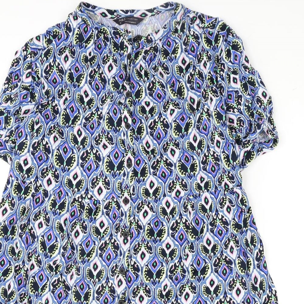 Marks and Spencer Womens Multicoloured Geometric Viscose A-Line Size 12 V-Neck Button