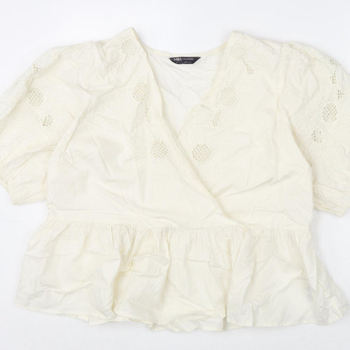 Marks and Spencer Womens Ivory Cotton Basic Blouse Size 20 V-Neck - Floral Embroidery
