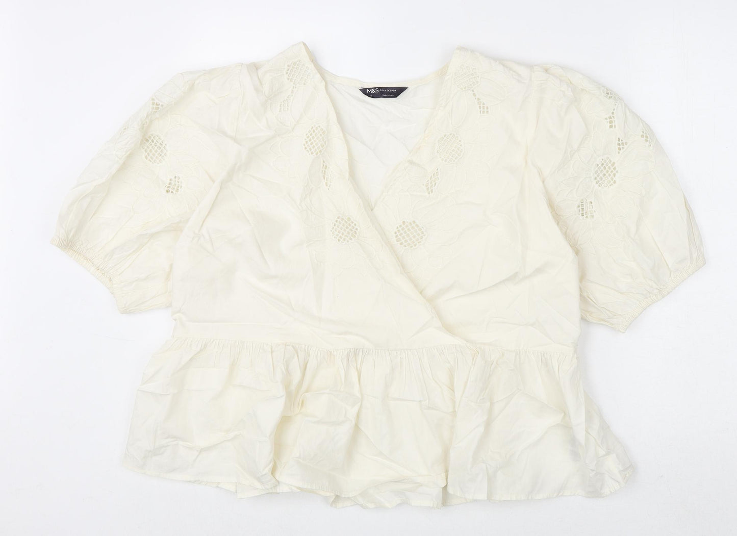 Marks and Spencer Womens Ivory Cotton Basic Blouse Size 20 V-Neck - Floral Embroidery