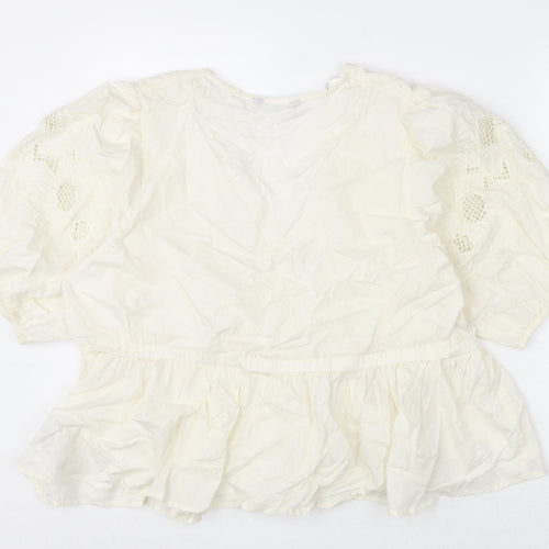 Marks and Spencer Womens Ivory Cotton Basic Blouse Size 20 V-Neck - Floral Embroidery