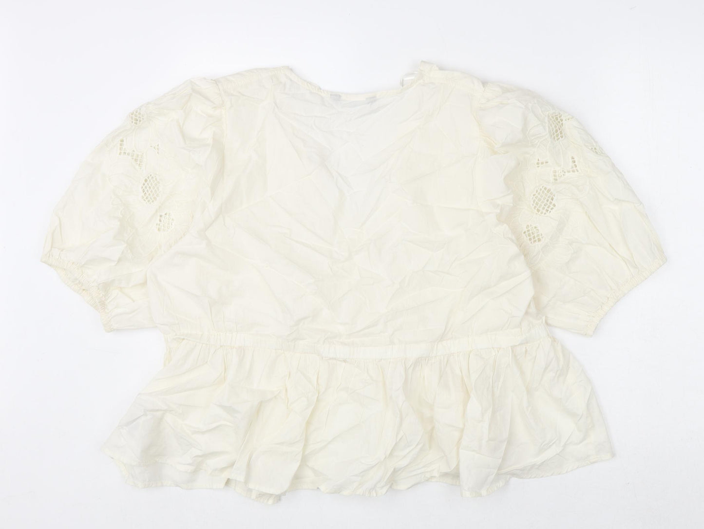 Marks and Spencer Womens Ivory Cotton Basic Blouse Size 20 V-Neck - Floral Embroidery