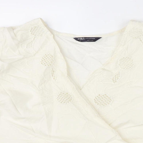 Marks and Spencer Womens Ivory Cotton Basic Blouse Size 20 V-Neck - Floral Embroidery
