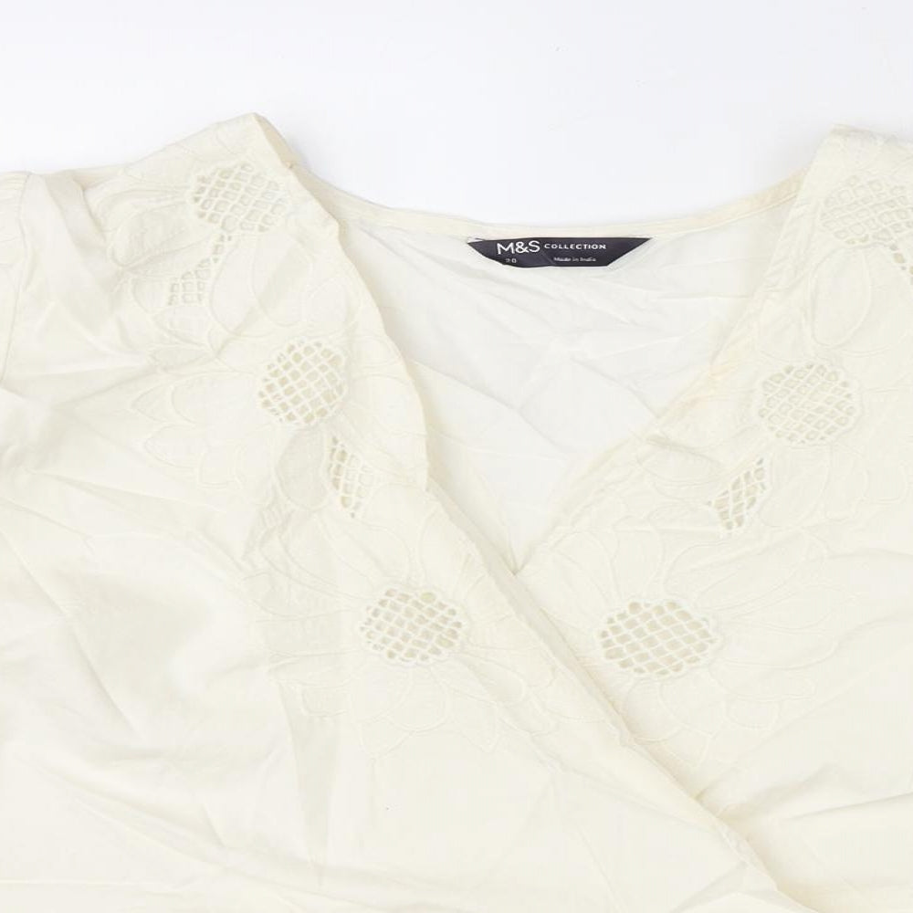 Marks and Spencer Womens Ivory Cotton Basic Blouse Size 20 V-Neck - Floral Embroidery