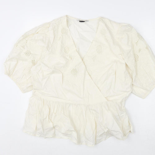 Marks and Spencer Womens White Cotton Basic Blouse Size 18 V-Neck - Floral Embroidery