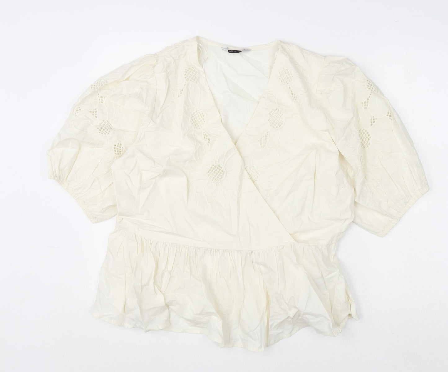 Marks and Spencer Womens White Cotton Basic Blouse Size 18 V-Neck - Floral Embroidery