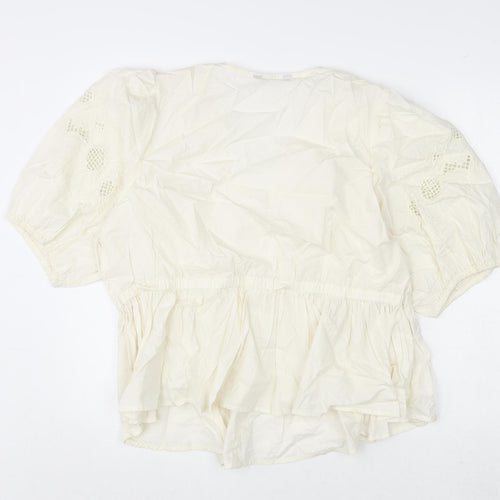 Marks and Spencer Womens White Cotton Basic Blouse Size 18 V-Neck - Floral Embroidery