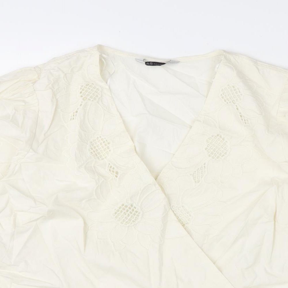 Marks and Spencer Womens White Cotton Basic Blouse Size 18 V-Neck - Floral Embroidery