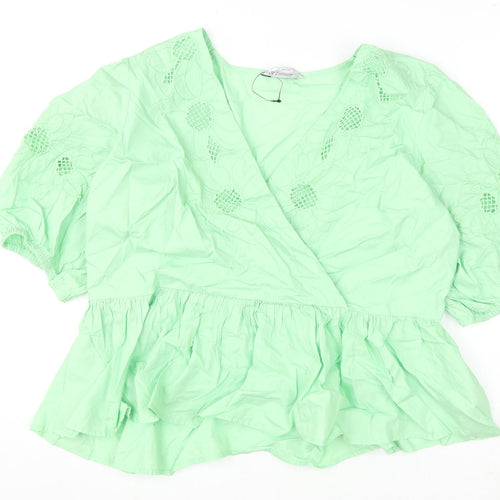 Marks and Spencer Womens Green Cotton Basic Blouse Size 18 V-Neck - Floral Embroidery