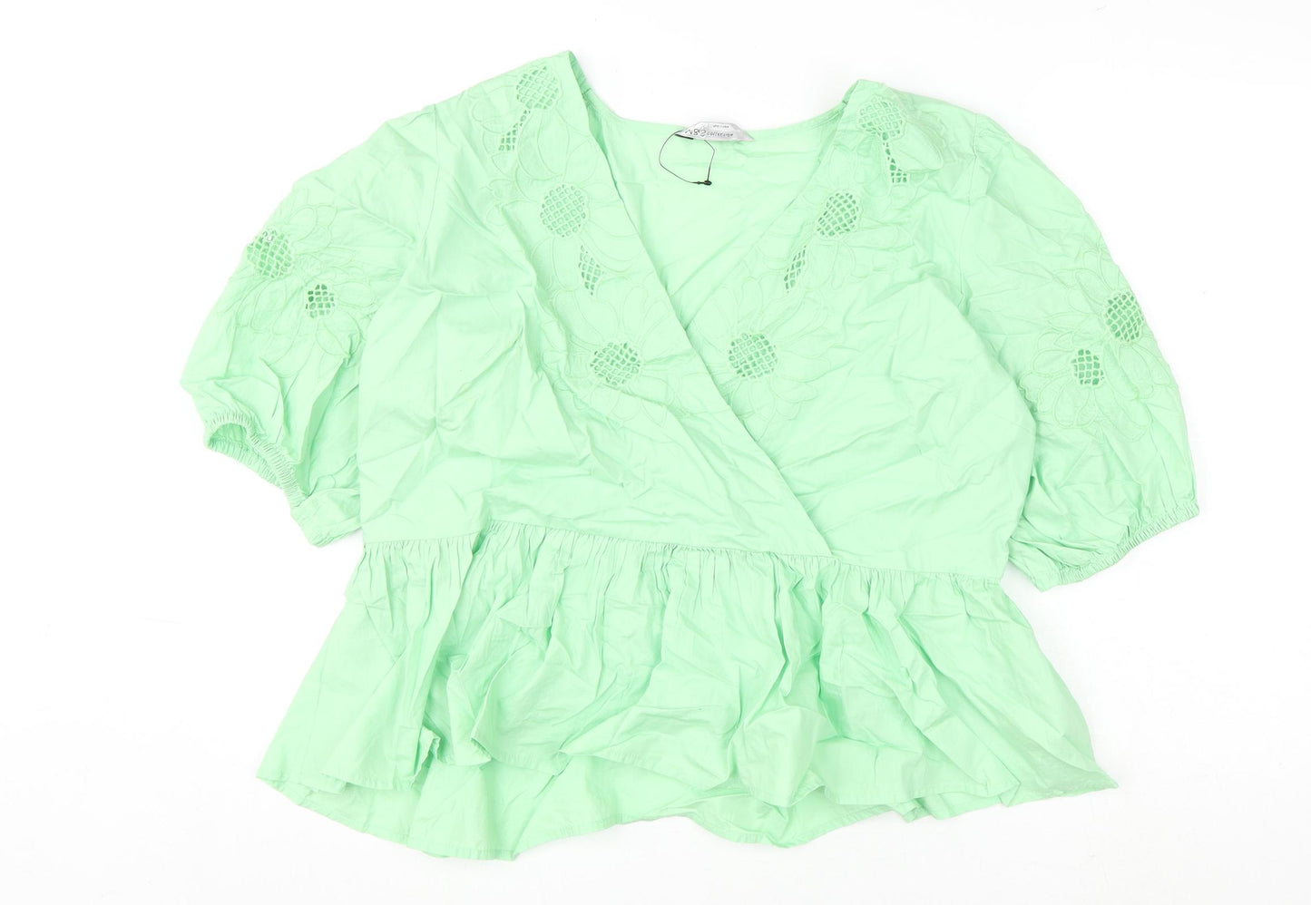 Marks and Spencer Womens Green Cotton Basic Blouse Size 18 V-Neck - Floral Embroidery