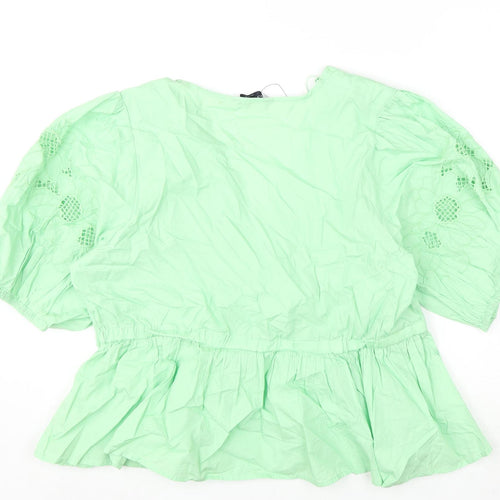 Marks and Spencer Womens Green Cotton Basic Blouse Size 18 V-Neck - Floral Embroidery