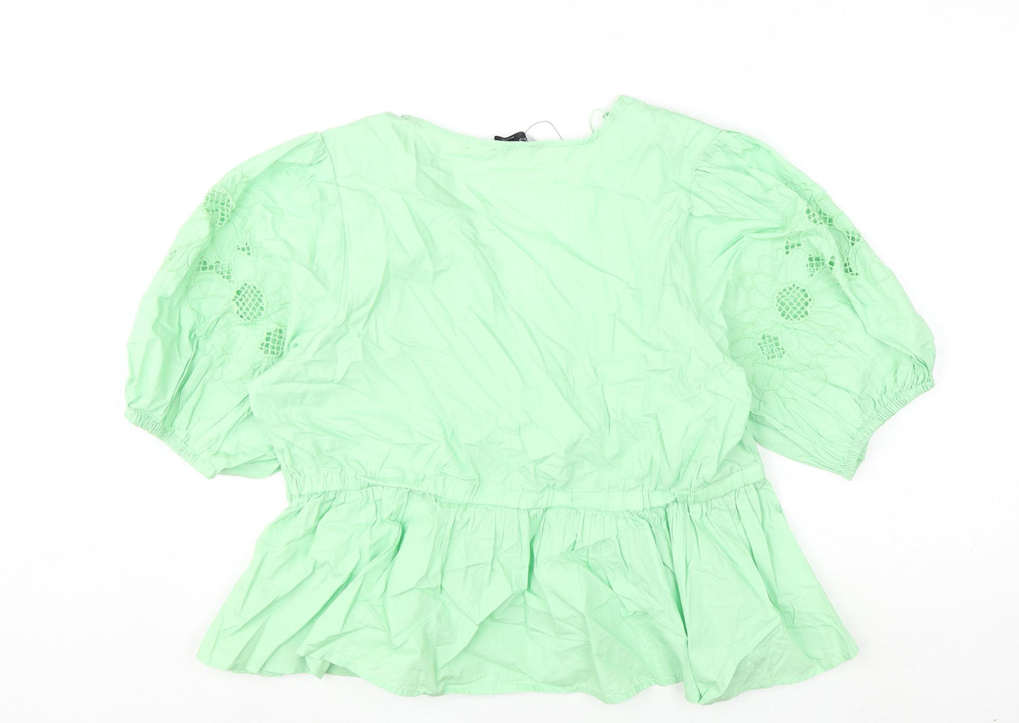 Marks and Spencer Womens Green Cotton Basic Blouse Size 18 V-Neck - Floral Embroidery