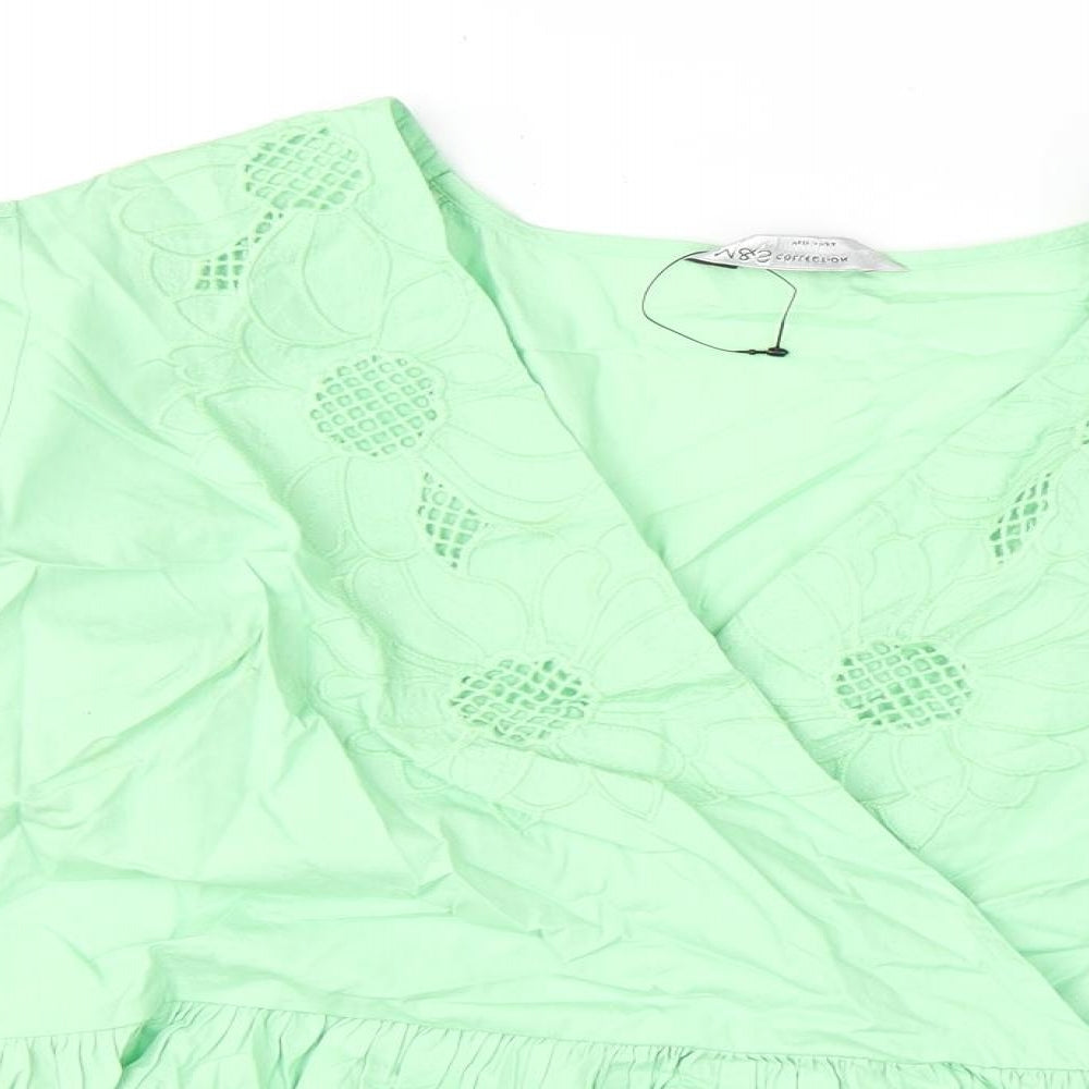 Marks and Spencer Womens Green Cotton Basic Blouse Size 18 V-Neck - Floral Embroidery