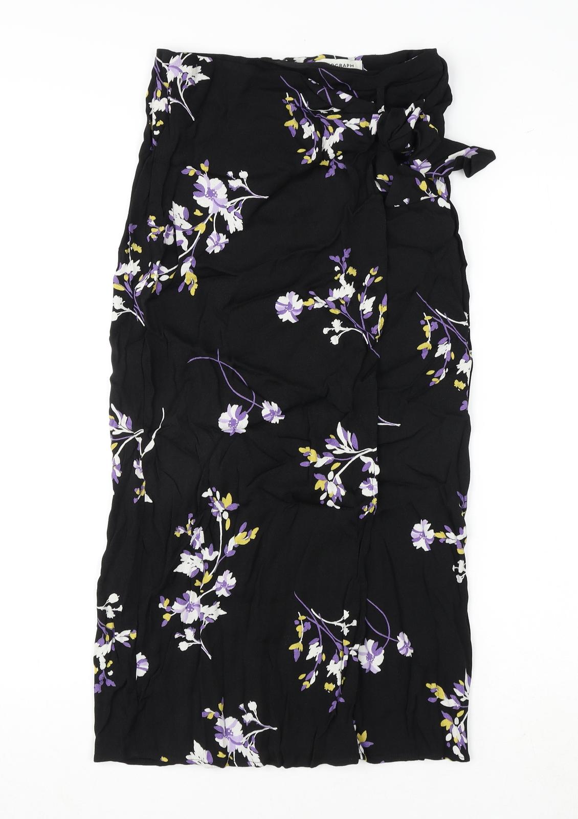 Autograph Womens Black Floral Viscose A-Line Skirt Size 6 Zip - Tie Detail