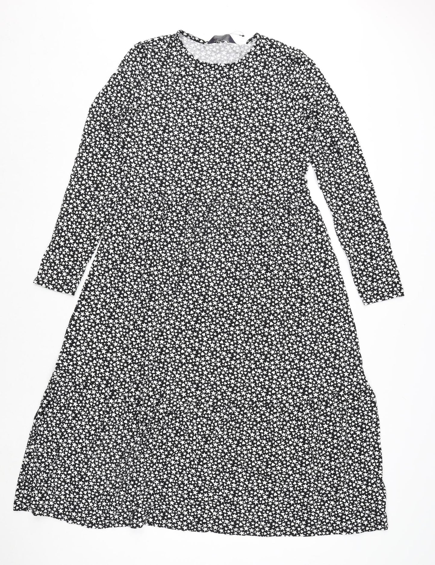 Marks and Spencer Womens Black Geometric Viscose A-Line Size 10 Round Neck Pullover - Star and Heart Print