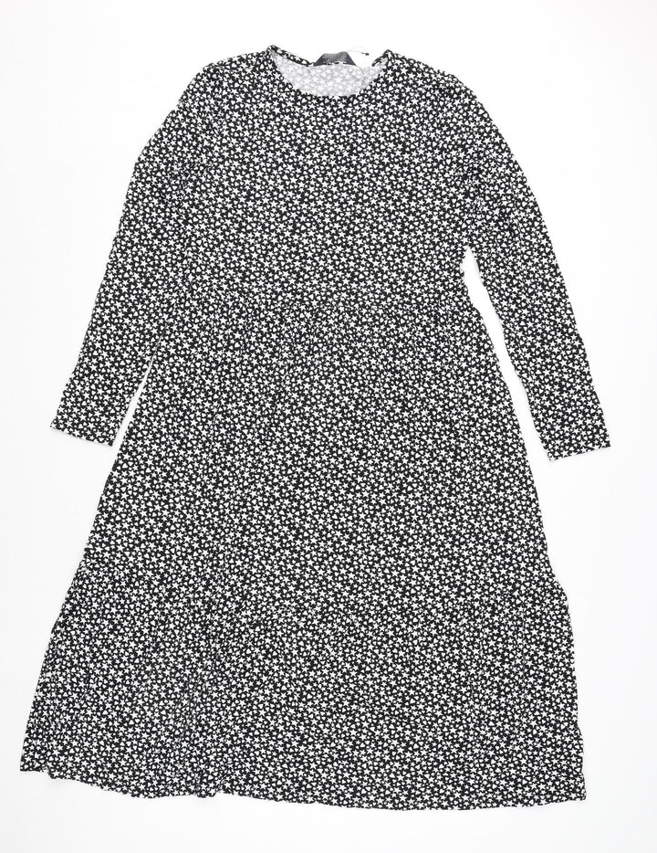 Marks and Spencer Womens Black Geometric Viscose A-Line Size 10 Round Neck Pullover - Star and Heart Print
