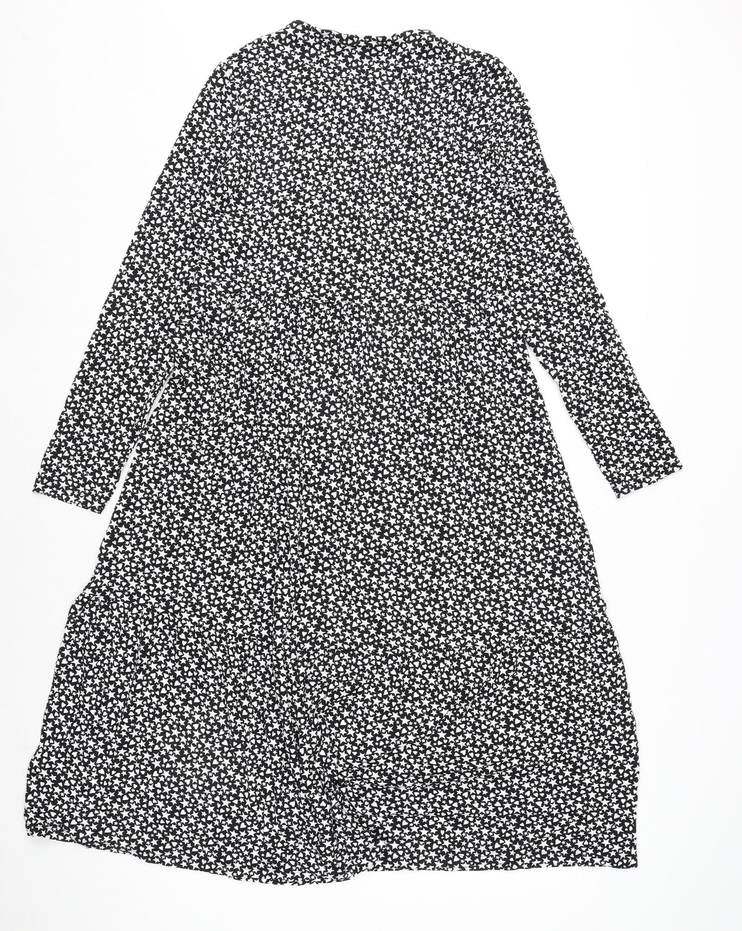Marks and Spencer Womens Black Geometric Viscose A-Line Size 10 Round Neck Pullover - Star and Heart Print