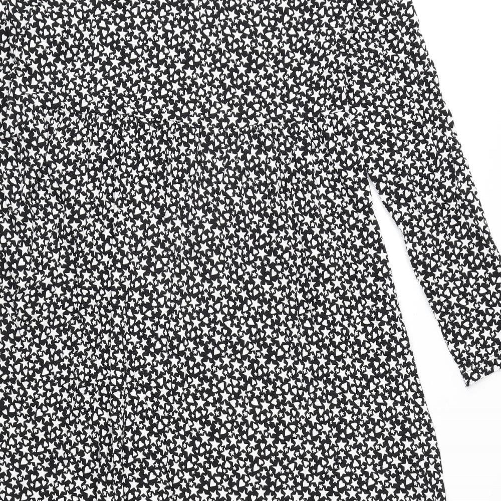 Marks and Spencer Womens Black Geometric Viscose A-Line Size 10 Round Neck Pullover - Star and Heart Print
