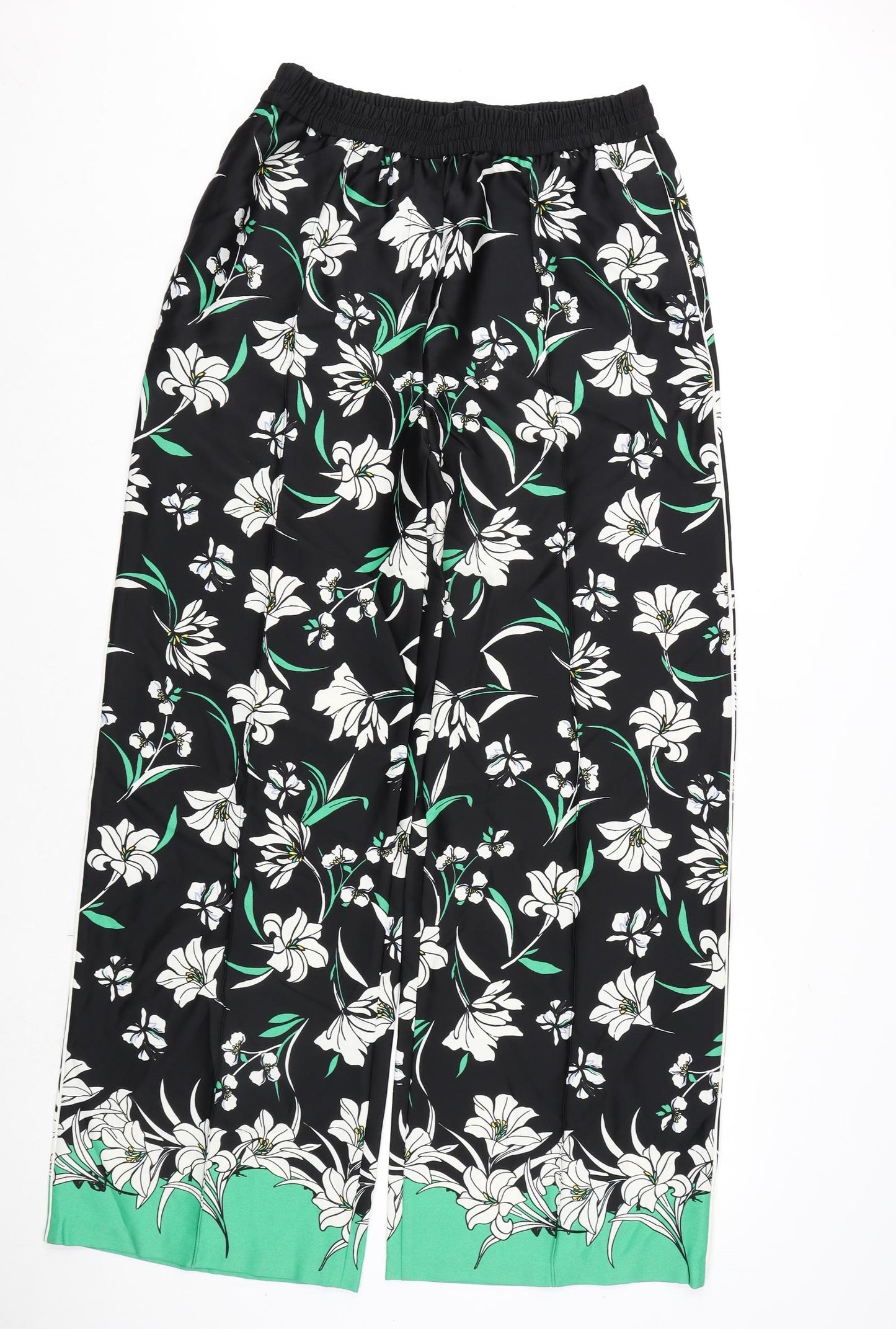 Marks and Spencer Womens Black Floral Polyester Trousers Size 12 L32 in Regular