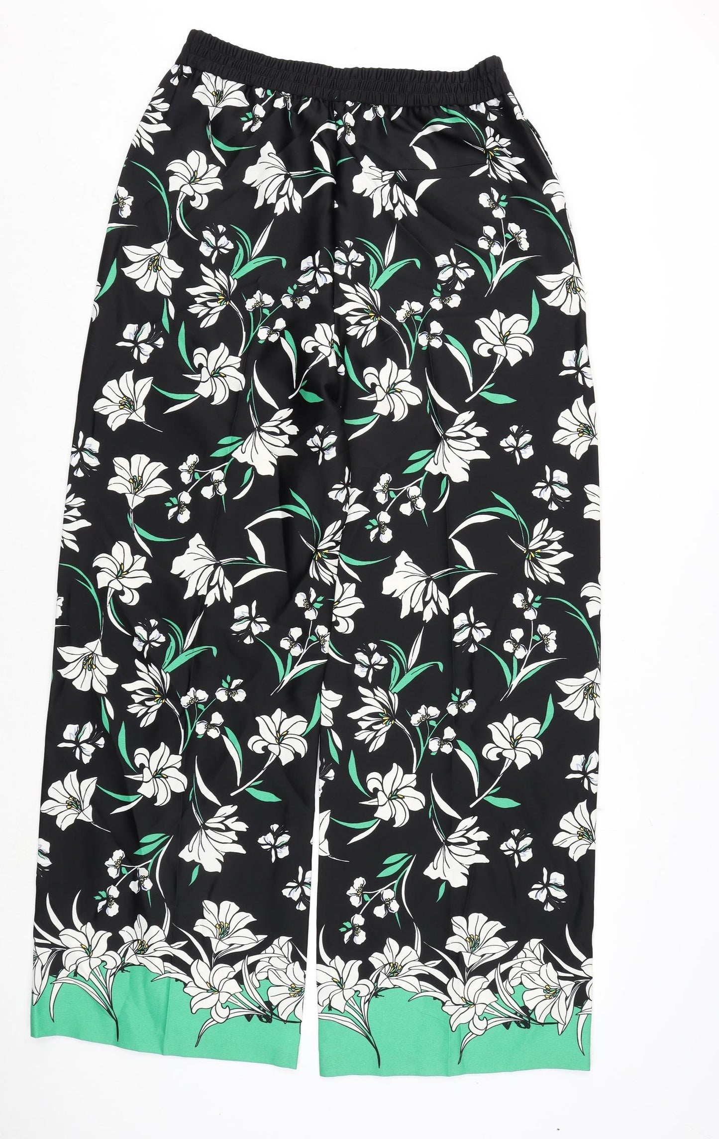 Marks and Spencer Womens Black Floral Polyester Trousers Size 12 L32 in Regular