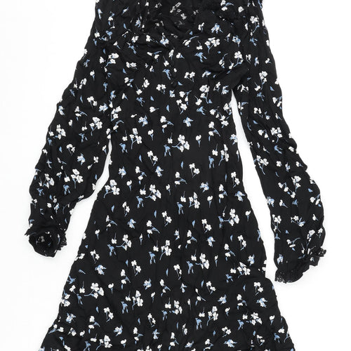 Marks and Spencer Womens Black Floral Viscose A-Line Size 6 V-Neck Zip - Ghost, Lace Detail