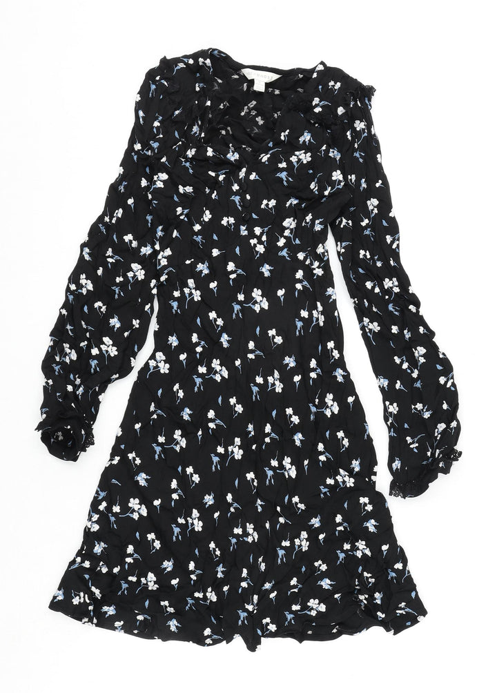 Marks and Spencer Womens Black Floral Viscose A-Line Size 6 V-Neck Zip - Ghost, Lace Detail