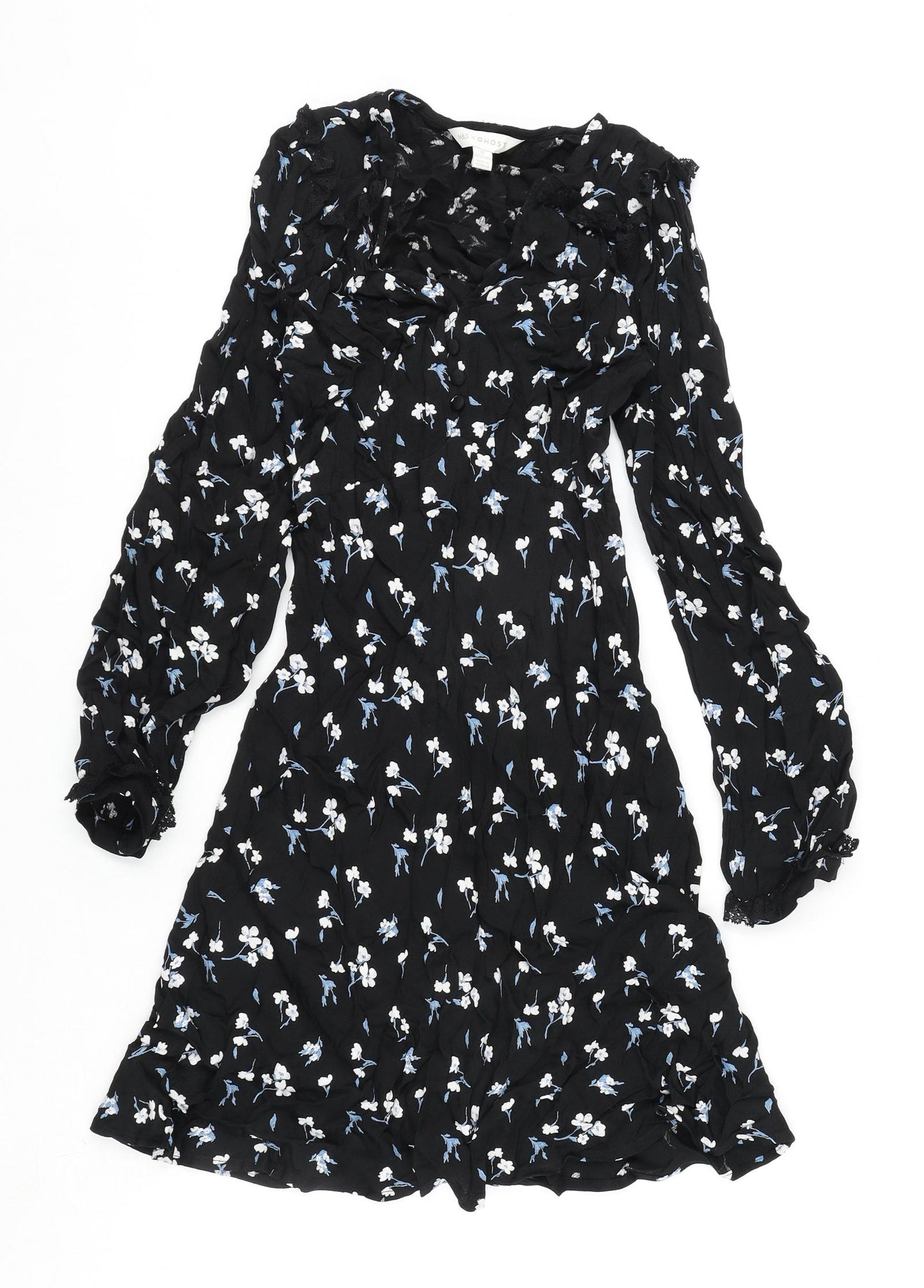Marks and Spencer Womens Black Floral Viscose A-Line Size 6 V-Neck Zip - Ghost, Lace Detail