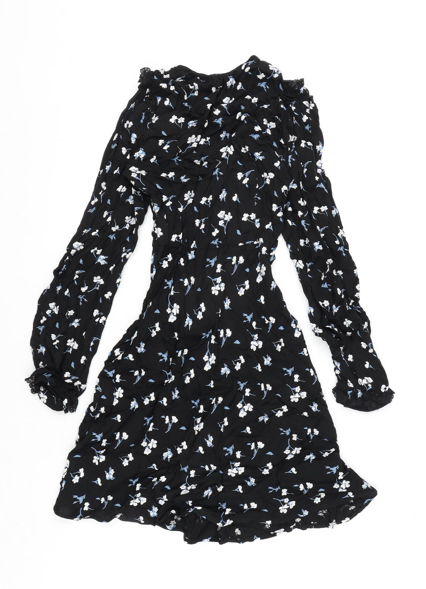 Marks and Spencer Womens Black Floral Viscose A-Line Size 6 V-Neck Zip - Ghost, Lace Detail