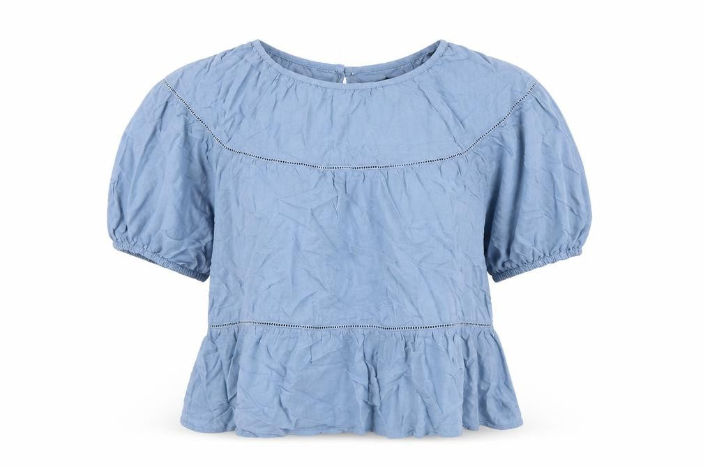 Front view of Marks & Spencer women’s blue viscose basic blouse, size UK 10, round neck
