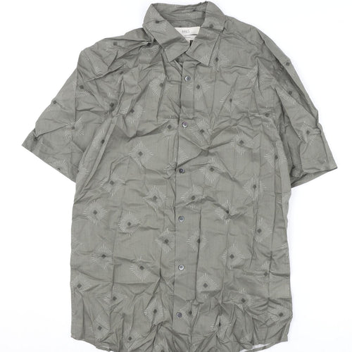 Marks and Spencer Mens Green Geometric Cotton Button-Up Size S Collared Button