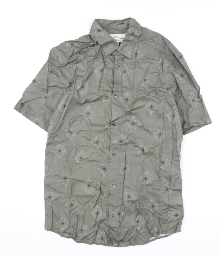 Marks and Spencer Mens Green Geometric Cotton Button-Up Size S Collared Button
