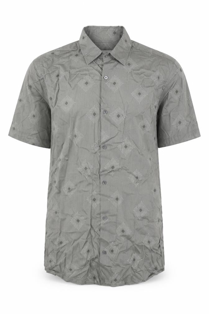Front view of Marks & Spencer men’s green geometric cotton button-up, size S, collared button