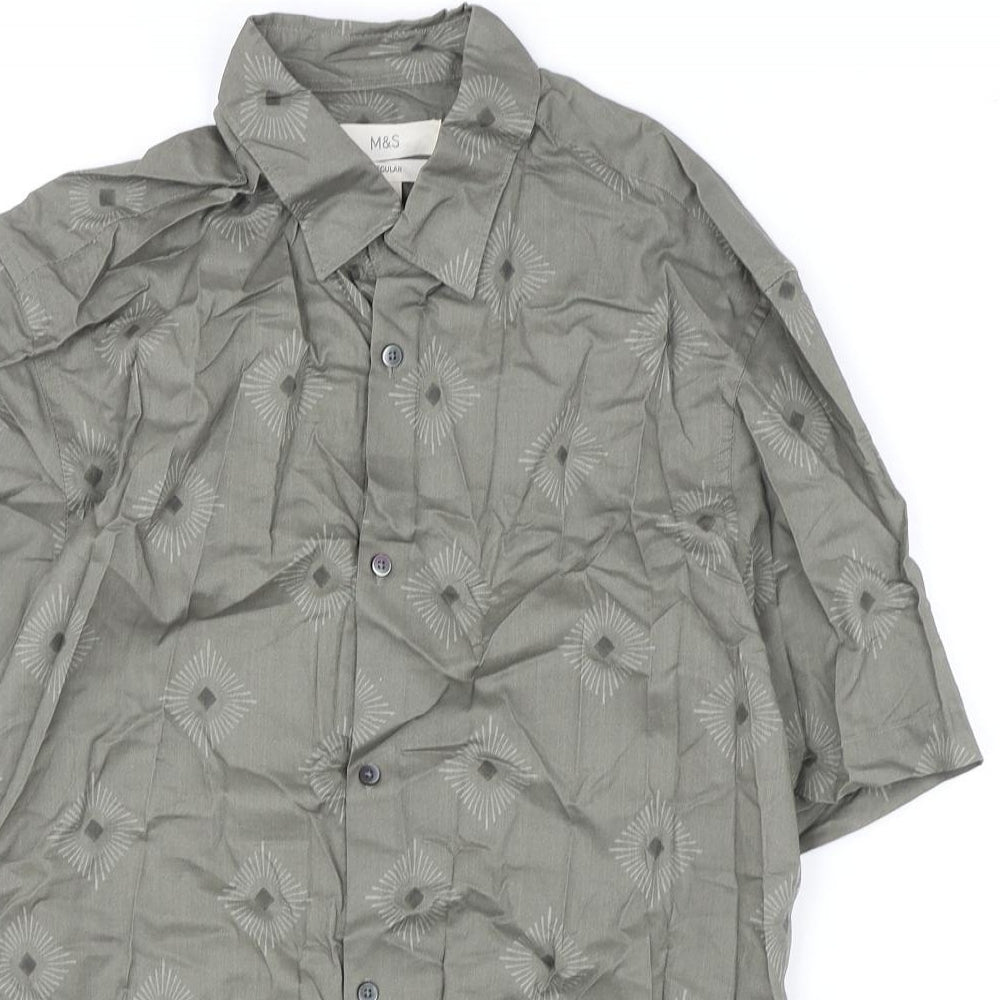 Marks and Spencer Mens Green Geometric Cotton Button-Up Size S Collared Button
