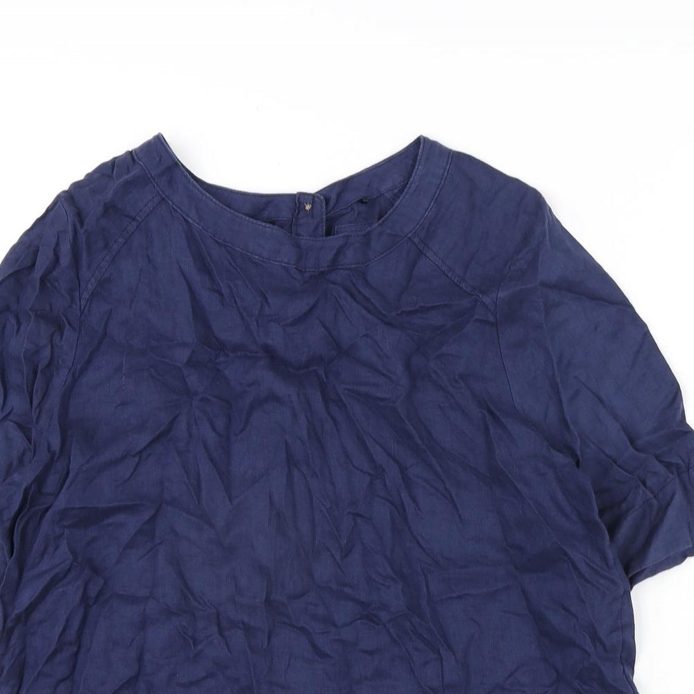 Marks and Spencer Womens Blue Linen Basic Blouse Size 10 Round Neck