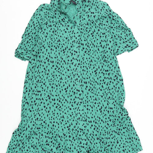 Marks and Spencer Womens Green Geometric Viscose A-Line Size 8 Round Neck Button - Tie Detail