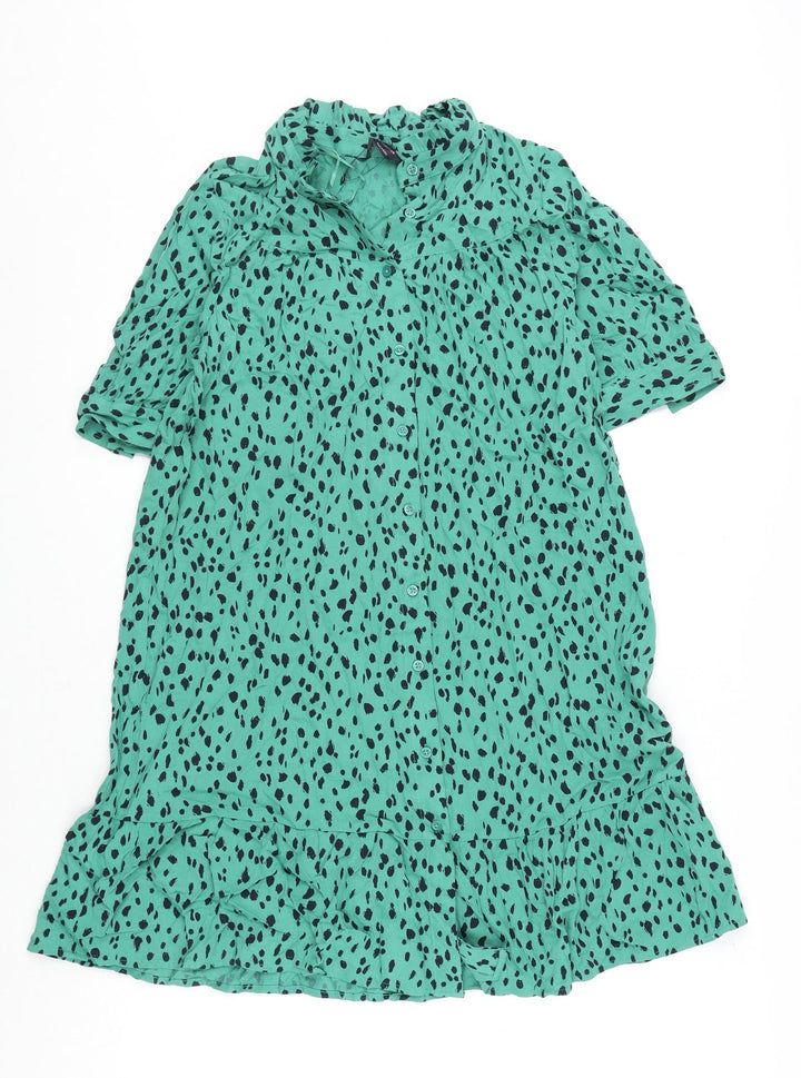 Marks and Spencer Womens Green Geometric Viscose A-Line Size 8 Round Neck Button - Tie Detail