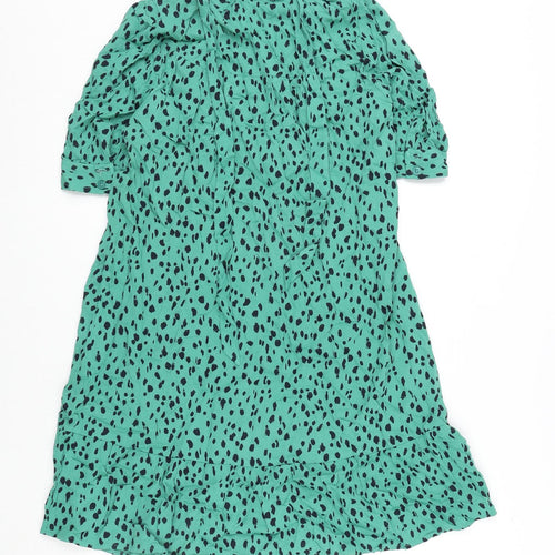 Marks and Spencer Womens Green Geometric Viscose A-Line Size 8 Round Neck Button - Tie Detail