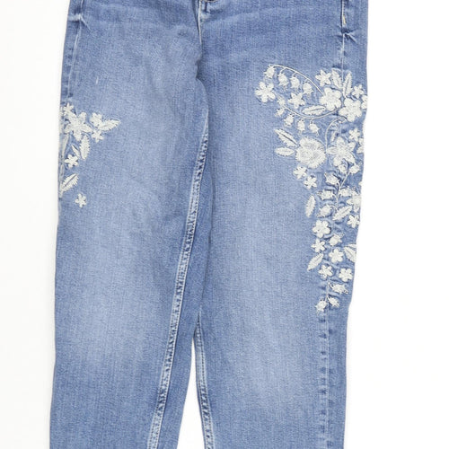 Marks and Spencer Womens Blue Cotton Mom Jeans Size 6 L27 in Regular Zip - Floral Embroidery, Frayed Hems