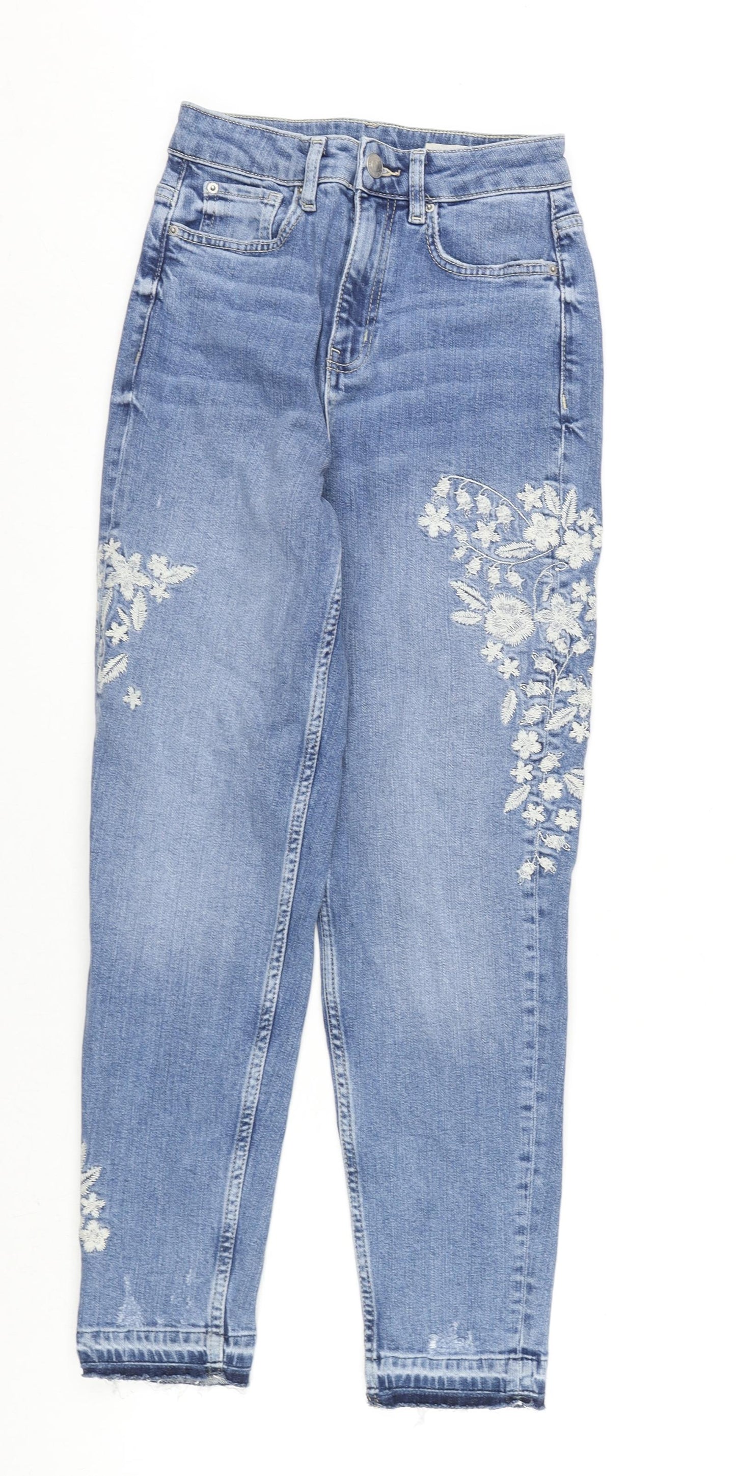 Marks and Spencer Womens Blue Cotton Mom Jeans Size 6 L27 in Regular Zip - Floral Embroidery, Frayed Hems