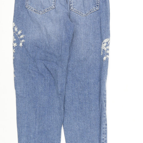 Marks and Spencer Womens Blue Cotton Mom Jeans Size 6 L27 in Regular Zip - Floral Embroidery, Frayed Hems
