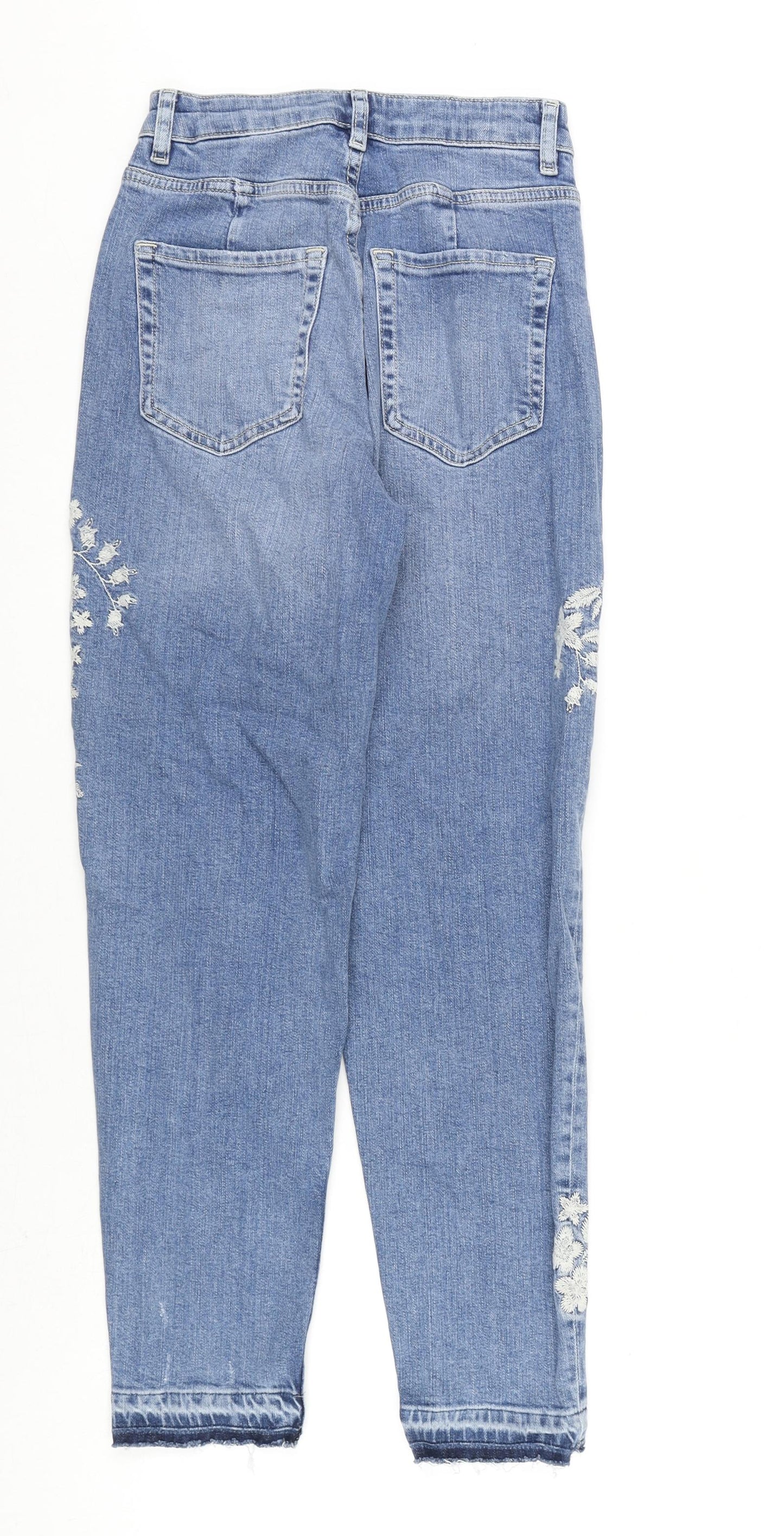 Marks and Spencer Womens Blue Cotton Mom Jeans Size 6 L27 in Regular Zip - Floral Embroidery, Frayed Hems