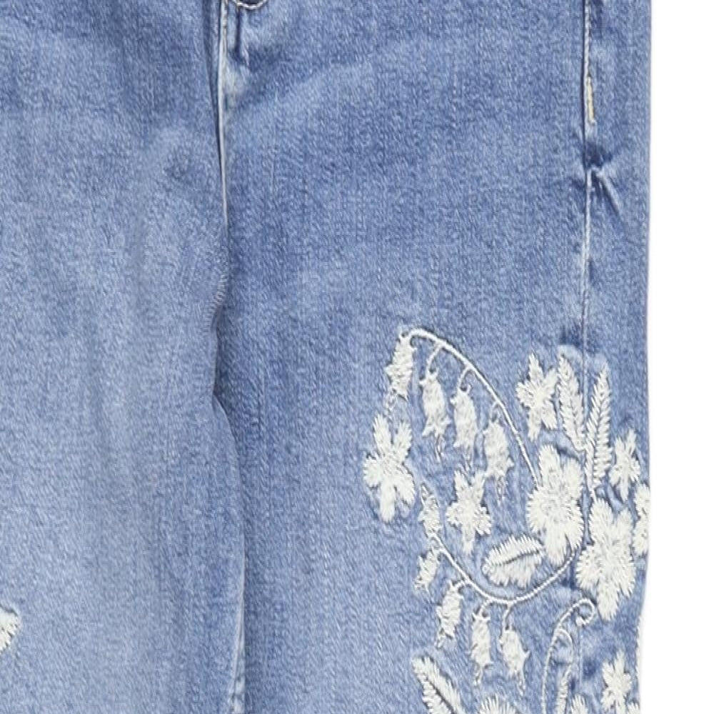 Marks and Spencer Womens Blue Cotton Mom Jeans Size 6 L27 in Regular Zip - Floral Embroidery, Frayed Hems