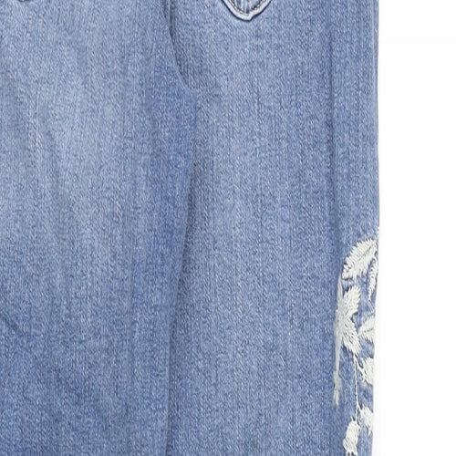 Marks and Spencer Womens Blue Cotton Mom Jeans Size 6 L27 in Regular Zip - Floral Embroidery, Frayed Hems