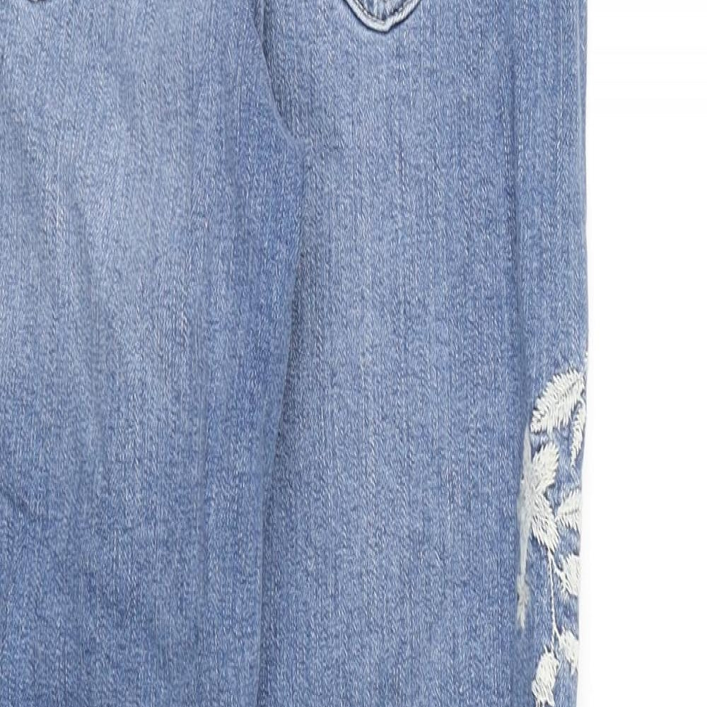 Marks and Spencer Womens Blue Cotton Mom Jeans Size 6 L27 in Regular Zip - Floral Embroidery, Frayed Hems