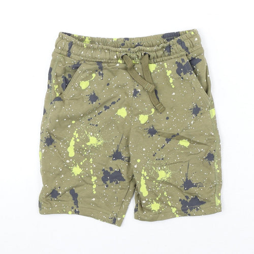 Marks and Spencer Boys Green Geometric Cotton Bermuda Shorts Size 7-8 Years Regular Drawstring - Paint Splatter Look