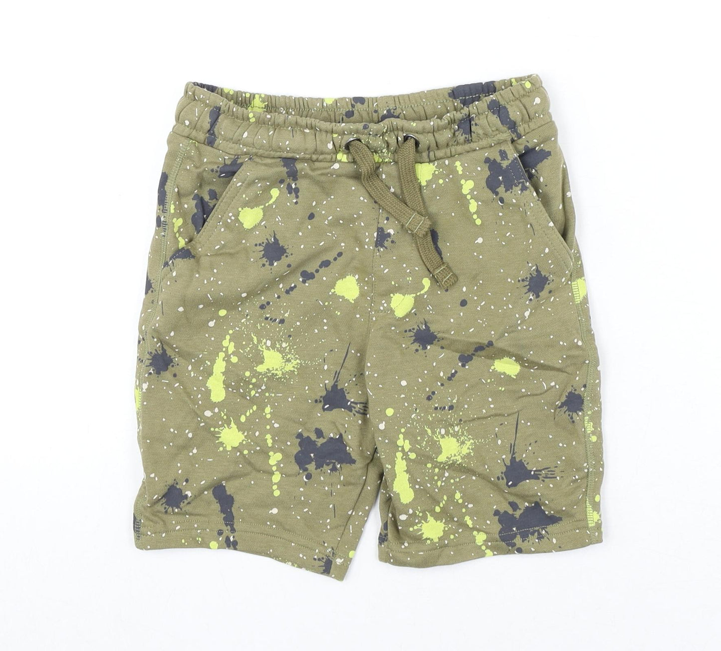 Marks and Spencer Boys Green Geometric Cotton Bermuda Shorts Size 7-8 Years Regular Drawstring - Paint Splatter Look