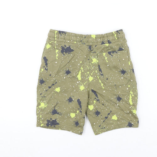 Marks and Spencer Boys Green Geometric Cotton Bermuda Shorts Size 7-8 Years Regular Drawstring - Paint Splatter Look