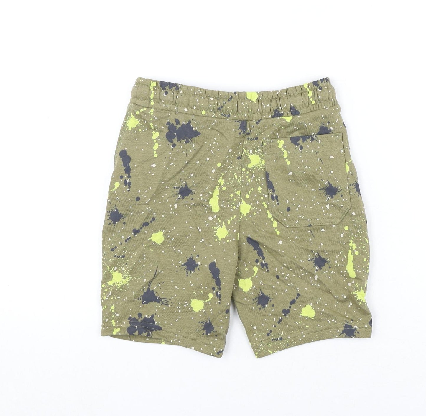 Marks and Spencer Boys Green Geometric Cotton Bermuda Shorts Size 7-8 Years Regular Drawstring - Paint Splatter Look