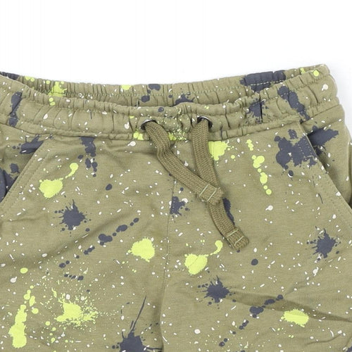 Marks and Spencer Boys Green Geometric Cotton Bermuda Shorts Size 7-8 Years Regular Drawstring - Paint Splatter Look