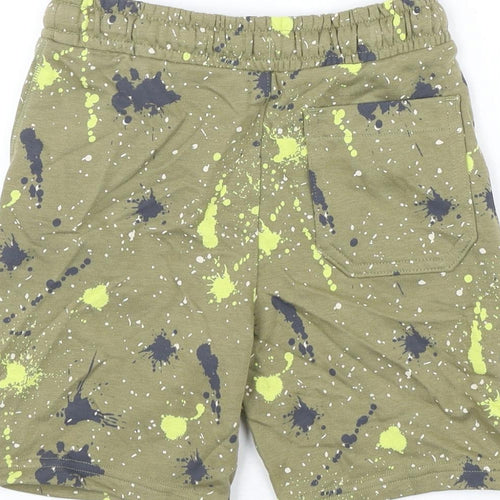 Marks and Spencer Boys Green Geometric Cotton Bermuda Shorts Size 7-8 Years Regular Drawstring - Paint Splatter Look