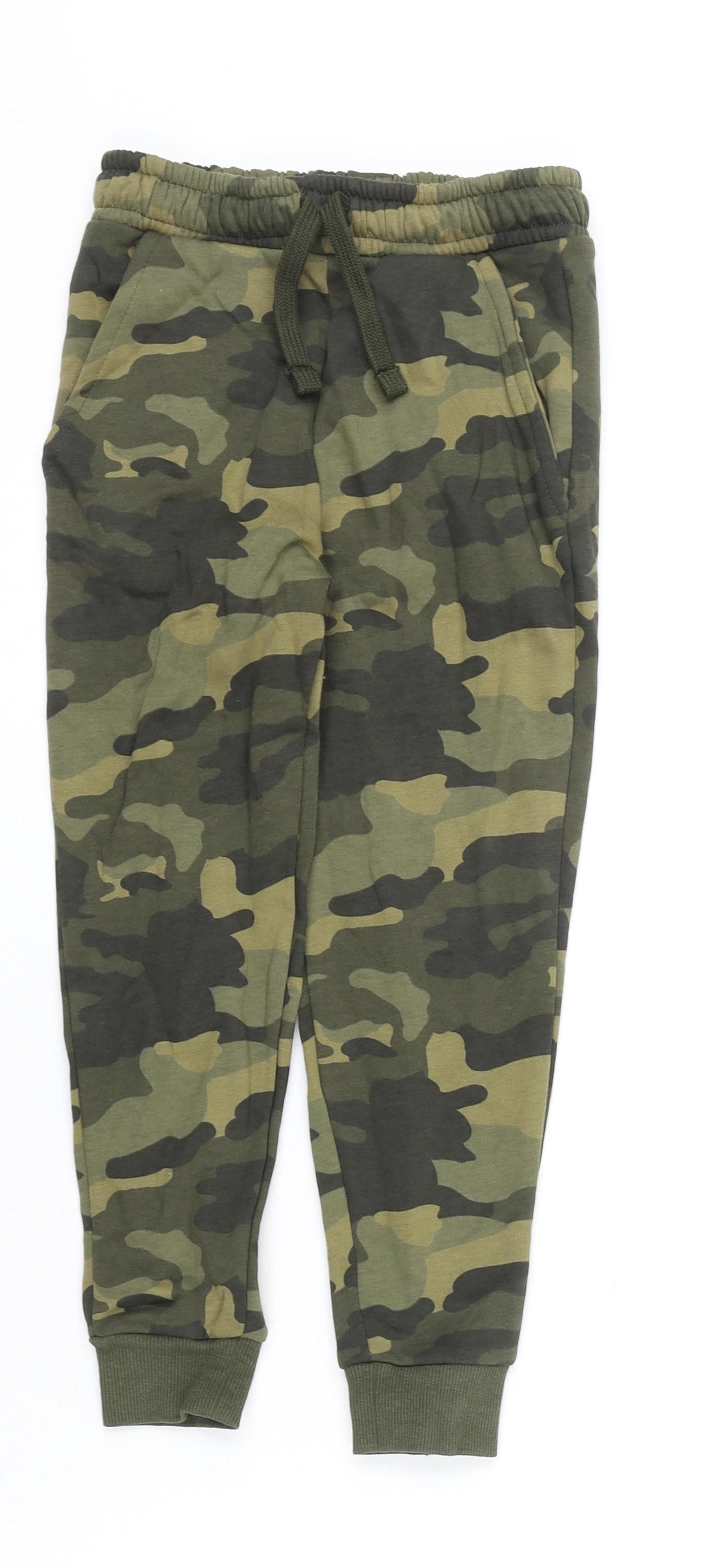 Marks and Spencer Boys Green Camouflage Cotton Jogger Trousers Size 6-7 Years Regular Drawstring